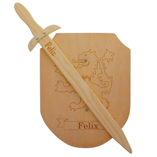 Wooden sword and shield with engraving